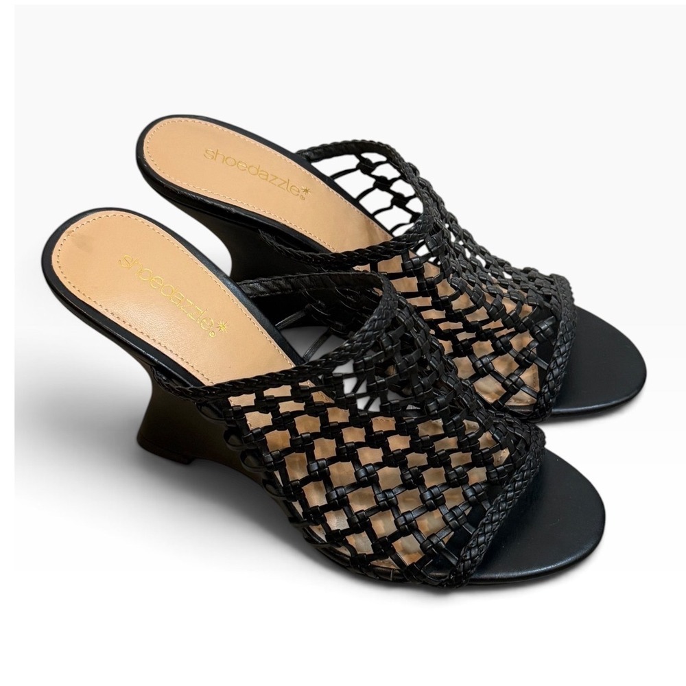 Shoedazzle Black Woven Lattice Sculptural Wedge Slide Sandals Womens